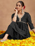 Janasya Women's Black Rayon Foil Printed A-line Kurta With Sharara & Dupatta Set